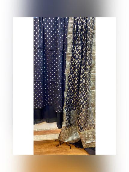 Luxurious Black Banarasi Cotton Silk Suit Set - Shades Of Benares