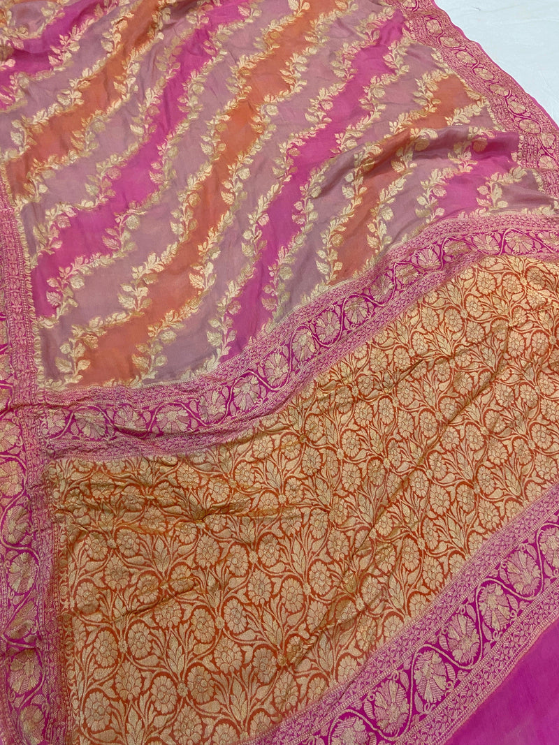 Luxurious Handloom Khaddi Georgette Banarasi Sari in Baby Pink by Shades Of Benares - banarasi - banarasi saree shop