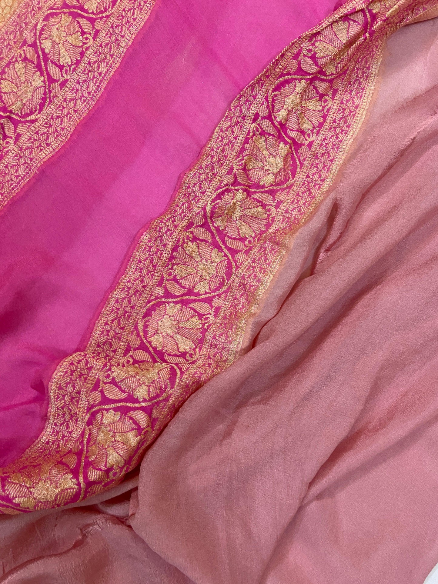 Luxurious Handloom Khaddi Georgette Banarasi Sari in Baby Pink by Shades Of Benares - banarasi - banarasi saree shop