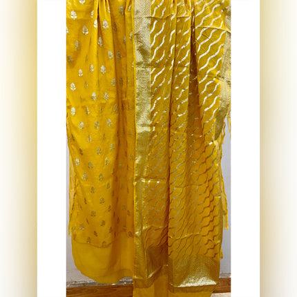 Luxurious Yellow Banarasi Cotton Silk Handloom 3 Pcs Suit Set - Shades Of Benares