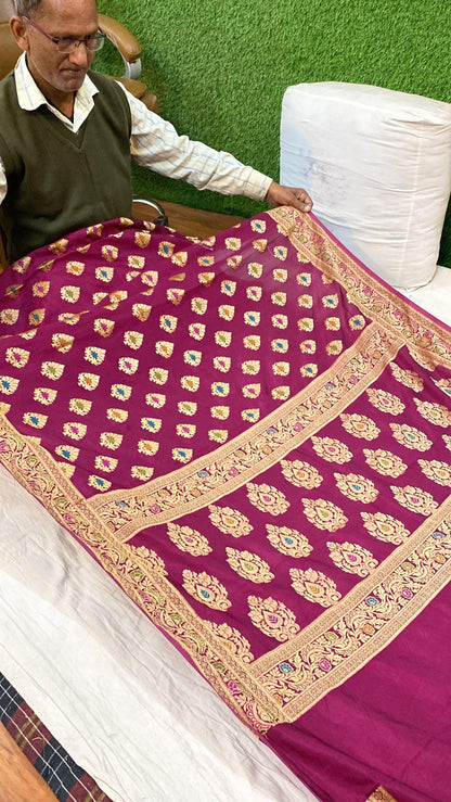 Magenta Banarasi Katan Soft Silk Handloom Saree by Shades Of Benares - banarasi - banarasi saree shop