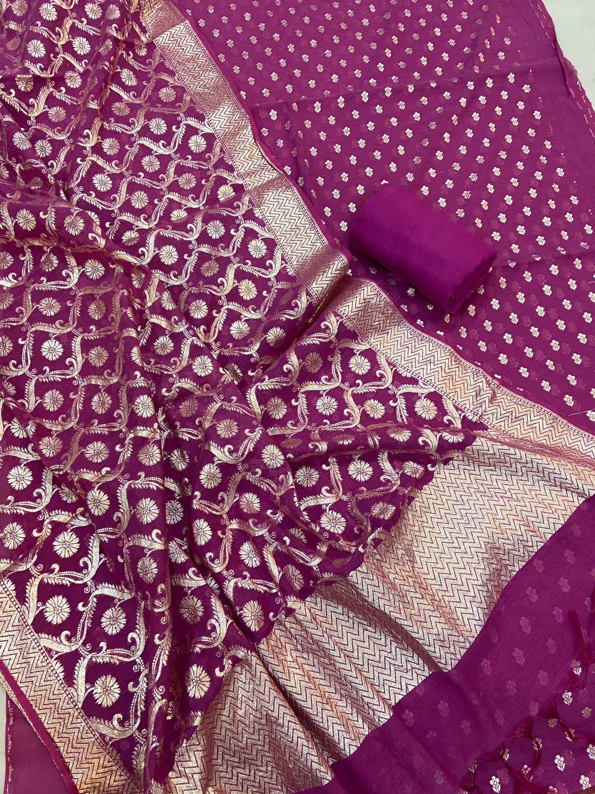 Magenta Pure Banarasi Cotton Silk Handloom 3 Pcs Ladies Suit by Shades Of Benares - banarasi - banarasi saree shop