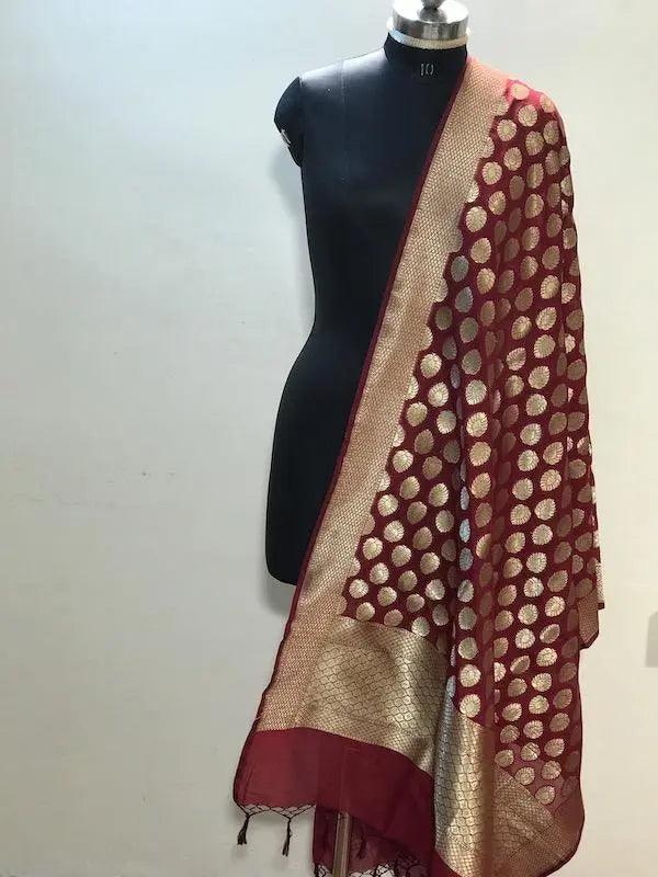 Maroon Party Wear Handwoven Banarasi Silk Dupatta by Shades Of Benares - banarasi - banarasi saree shop