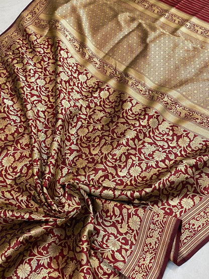 Maroon Pure Banarasi Katan Silk handloom Shikargaah saree with blouse piece by Shades Of Benares - banarasi - banarasi saree shop