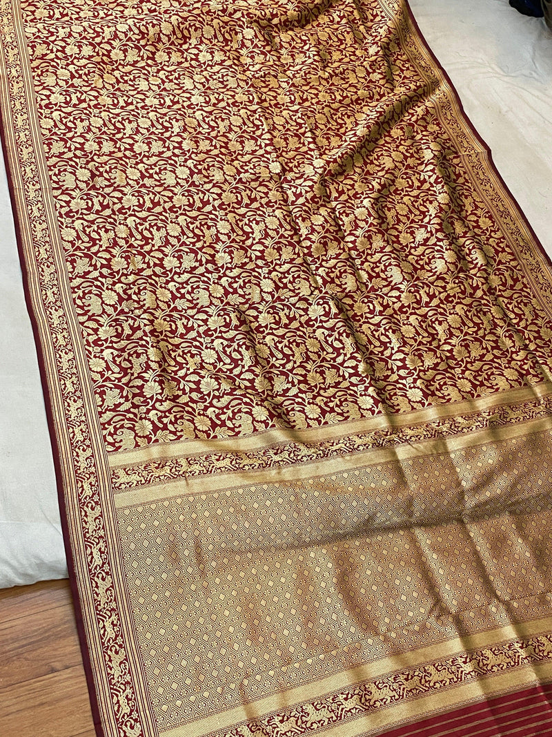 Maroon Pure Banarasi Katan Silk handloom Shikargaah saree with blouse piece by Shades Of Benares - banarasi - banarasi saree shop