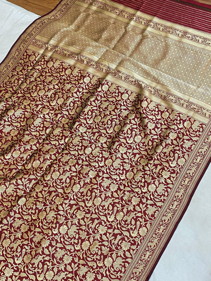 Maroon Pure Banarasi Katan Silk handloom Shikargaah saree with blouse piece by Shades Of Benares - banarasi - banarasi saree shop