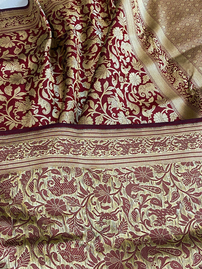 Maroon Pure Banarasi Katan Silk handloom Shikargaah saree with blouse piece by Shades Of Benares - banarasi - banarasi saree shop