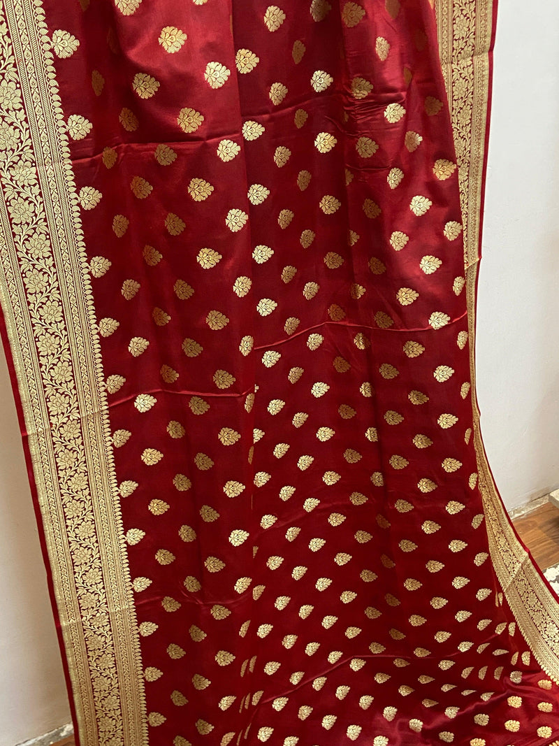 Maroon Pure Banarasi Satin Silk Handloom Dupatta - Shades Of Benares