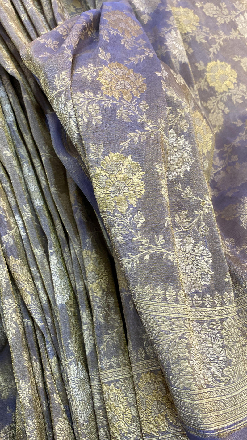 Matt Blue Greyish Pure Banarasi Katan Tissue Silk Handloom Saree - Shades Of Benares