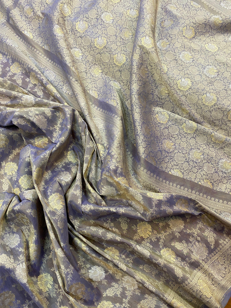 Matt Blue Greyish Pure Banarasi Katan Tissue Silk Handloom Saree - Shades Of Benares