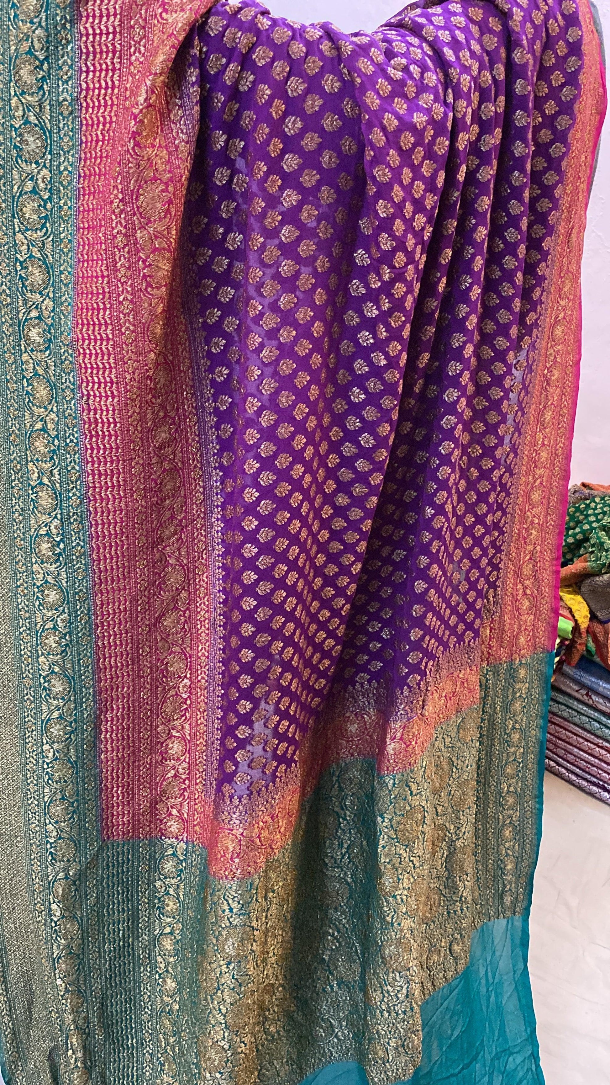 Matt Purple & Blue Pure Banarasi Khaddi Georgette Handloom Saree by Shades Of Benares - banarasi - banarasi saree shop