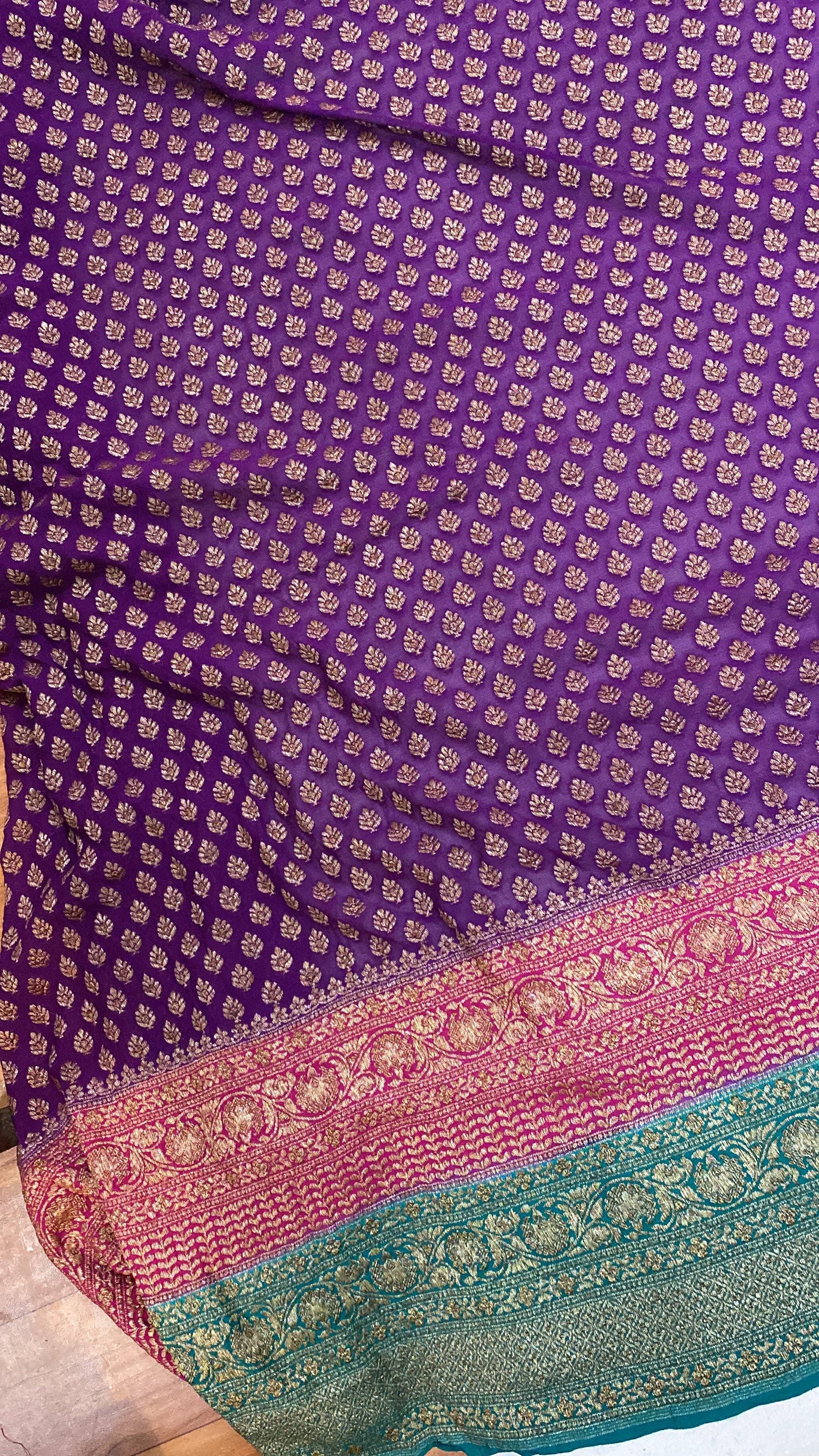 Matt Purple & Blue Pure Banarasi Khaddi Georgette Handloom Saree by Shades Of Benares - banarasi - banarasi saree shop