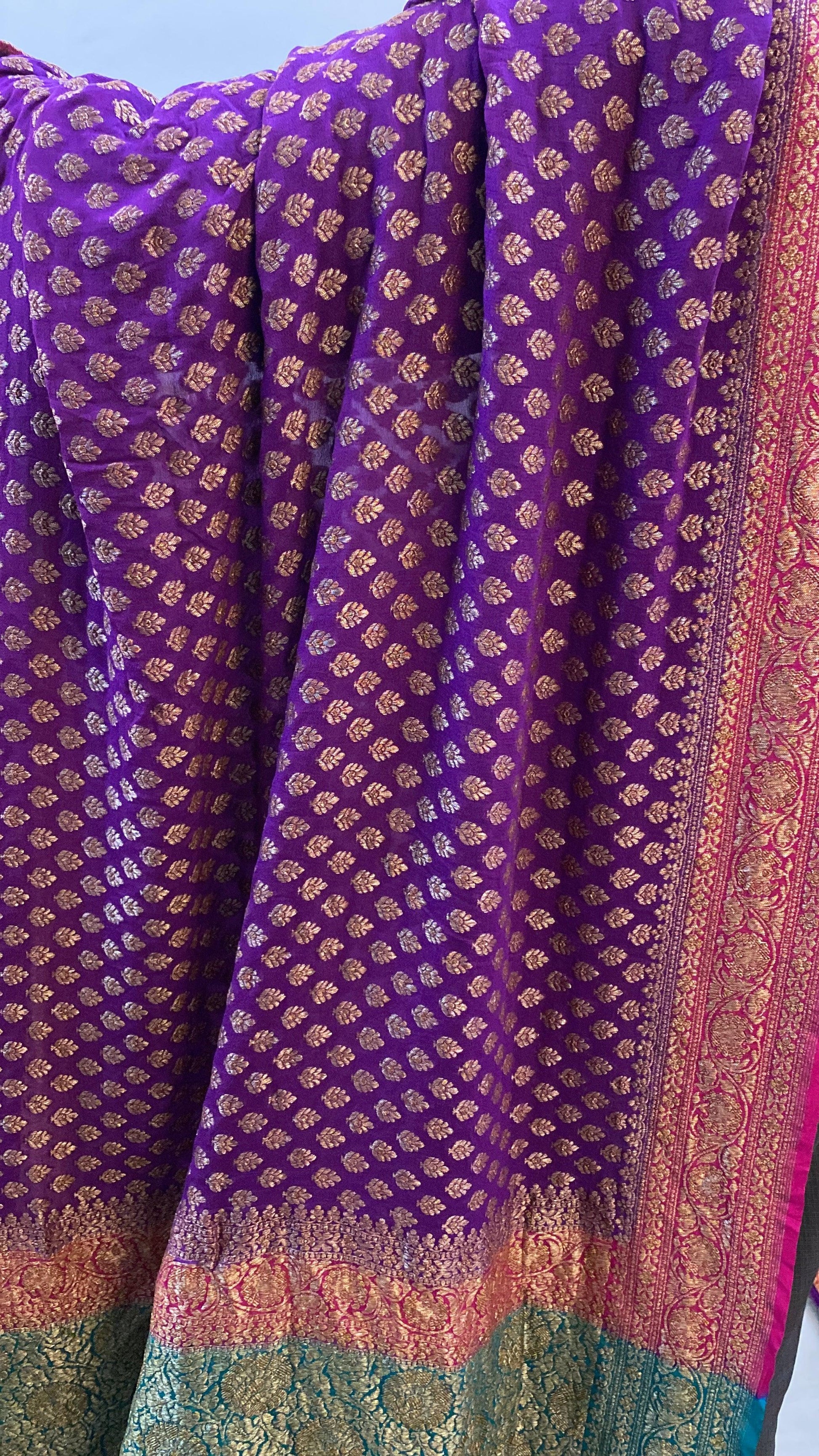 Matt Purple & Blue Pure Banarasi Khaddi Georgette Handloom Saree by Shades Of Benares - banarasi - banarasi saree shop