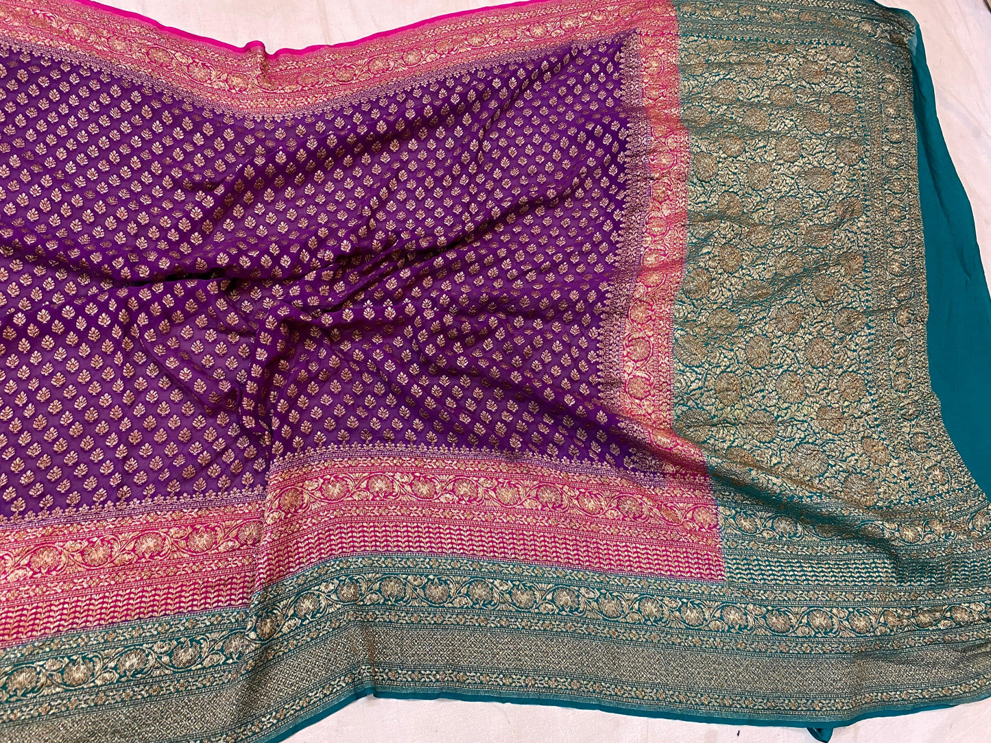 Matt Purple & Blue Pure Banarasi Khaddi Georgette Handloom Saree by Shades Of Benares - banarasi - banarasi saree shop