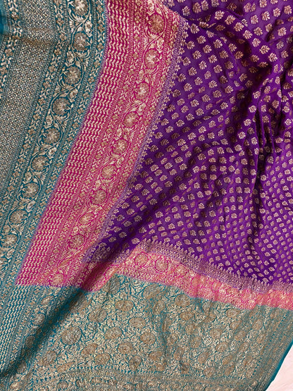 Matt Purple & Blue Pure Banarasi Khaddi Georgette Handloom Saree by Shades Of Benares - banarasi - banarasi saree shop