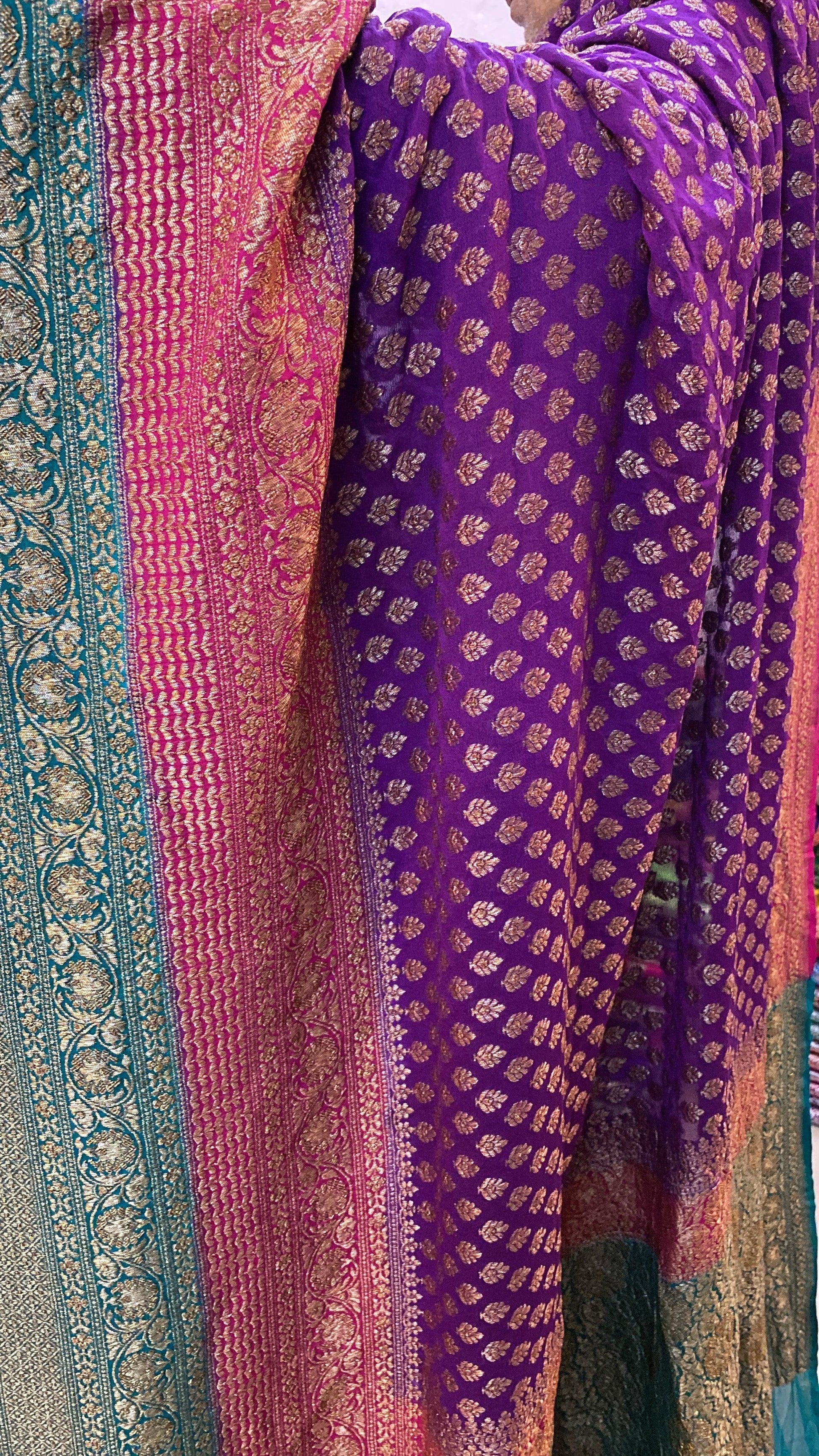 Matt Purple & Blue Pure Banarasi Khaddi Georgette Handloom Saree by Shades Of Benares - banarasi - banarasi saree shop