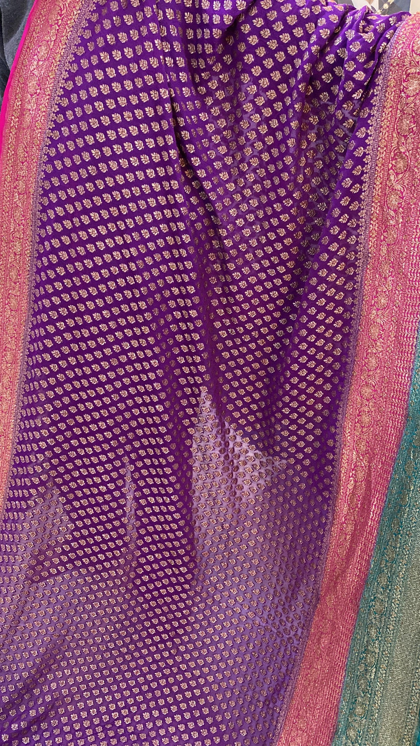 Matt Purple & Blue Pure Banarasi Khaddi Georgette Handloom Saree by Shades Of Benares - banarasi - banarasi saree shop