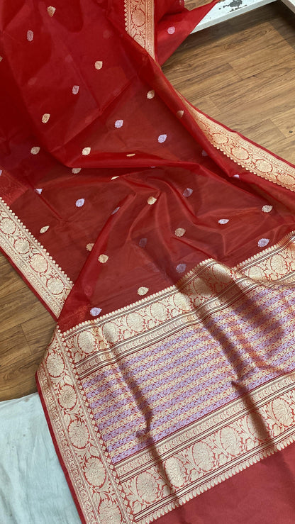 Matt Red Pure Banarasi Katan Kora Organza Silk Handloom Saree by Shades Of Benares - banarasi - banarasi saree shop