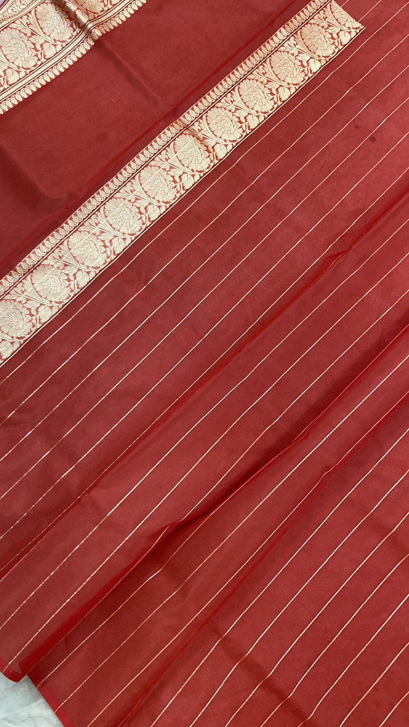 Matt Red Pure Banarasi Katan Kora Organza Silk Handloom Saree - Shades Of Benares