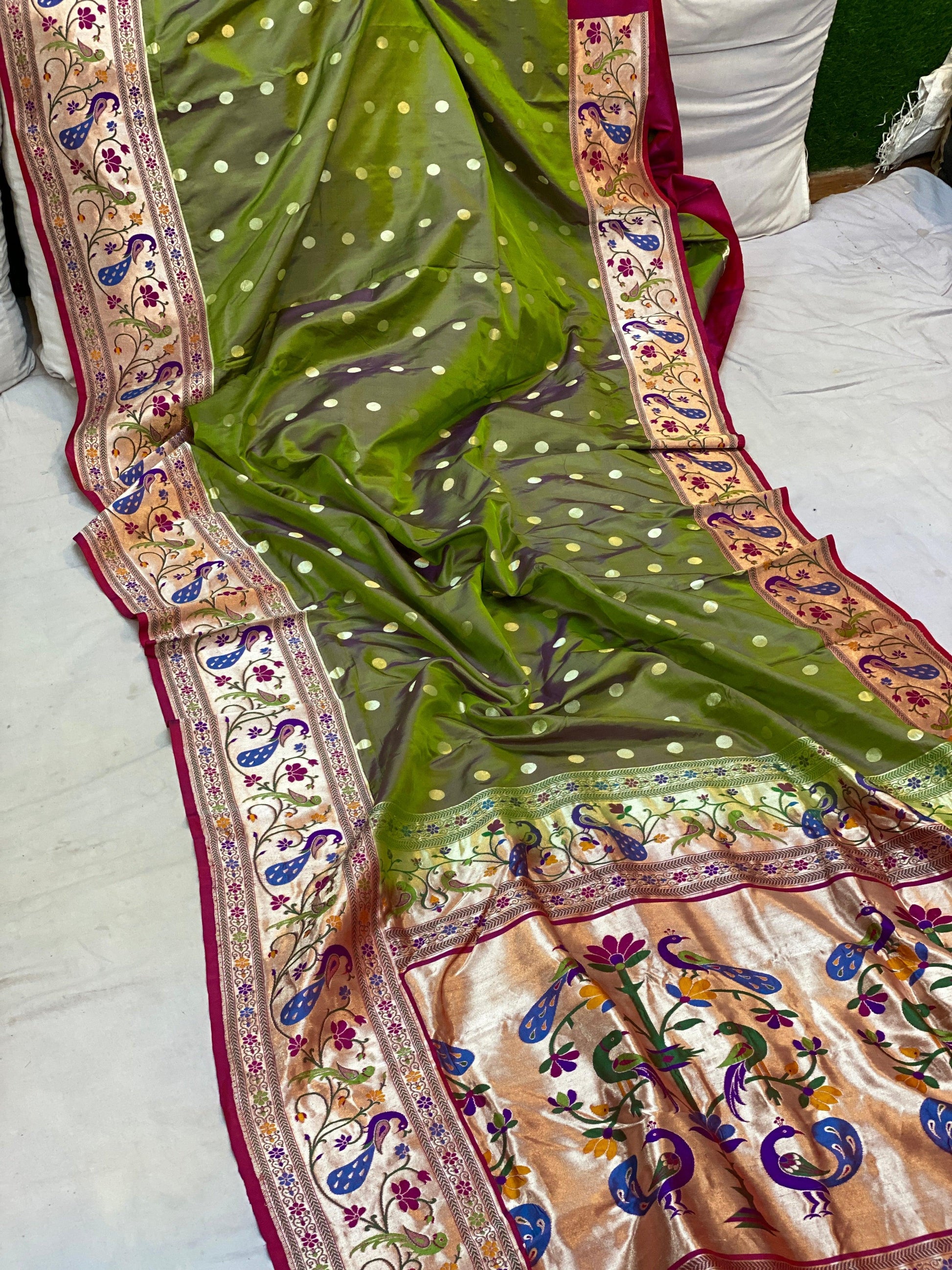 Mehendi Green Pure Banarasi Katan Silk Handloom Saree- Kadhwa Paithani by Shades Of Benares - banarasi - banarasi saree shop