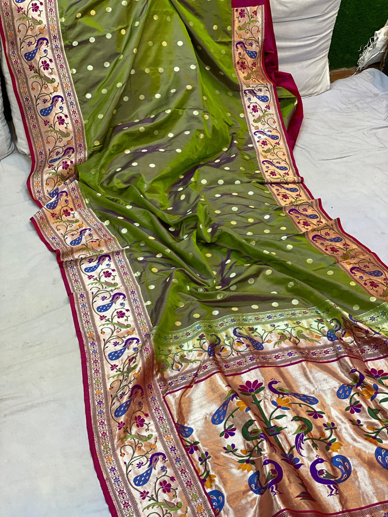 Mehendi Green Pure Banarasi Katan Silk Handloom Saree- Kadhwa Paithani - Shades Of Benares