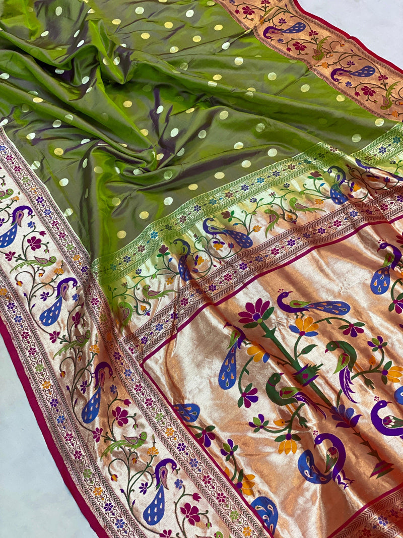 Mehendi Green Pure Banarasi Katan Silk Handloom Saree- Kadhwa Paithani - Shades Of Benares
