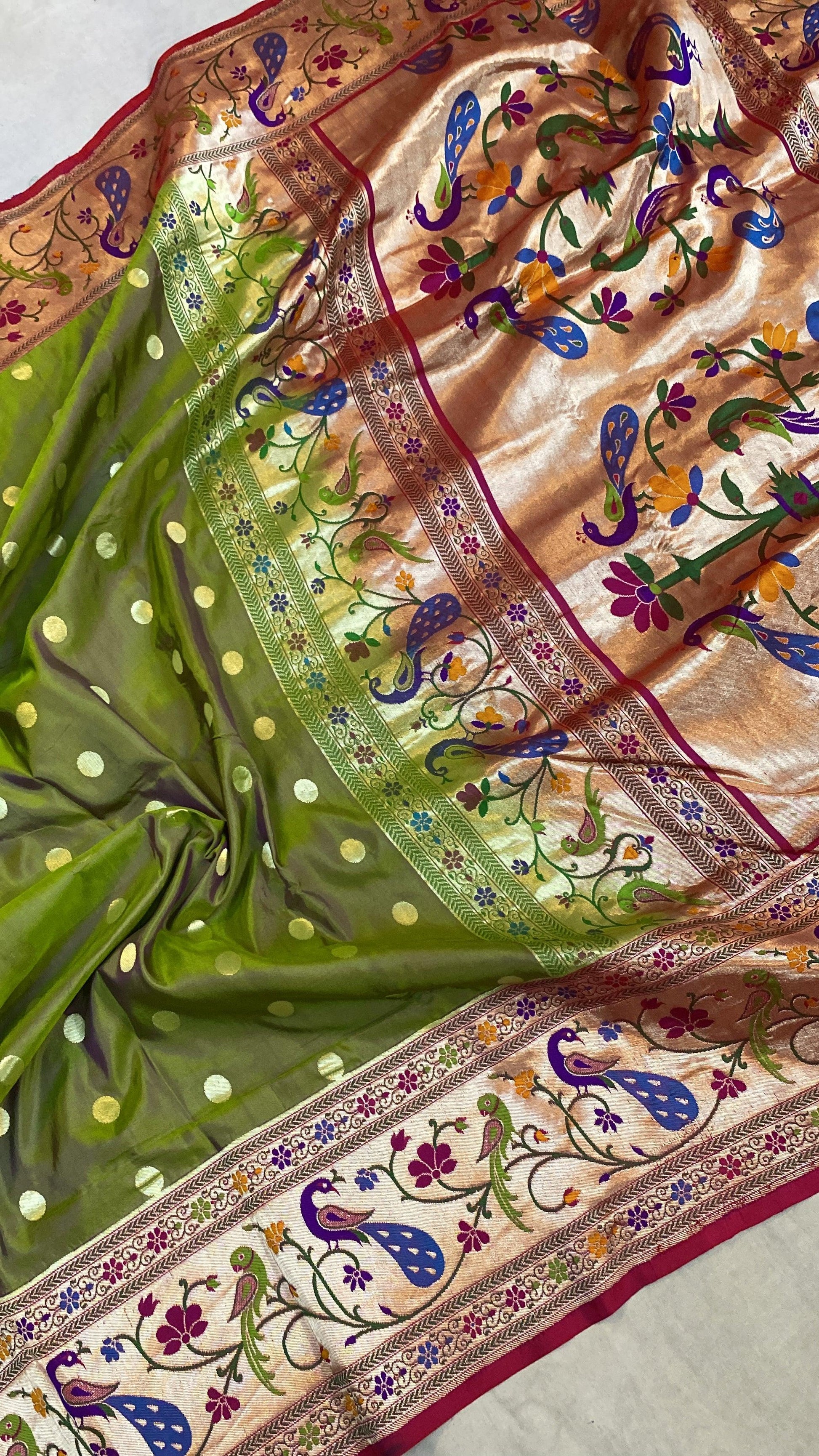 Mehendi Green Pure Banarasi Katan Silk Handloom Saree- Kadhwa Paithani by Shades Of Benares - banarasi - banarasi saree shop