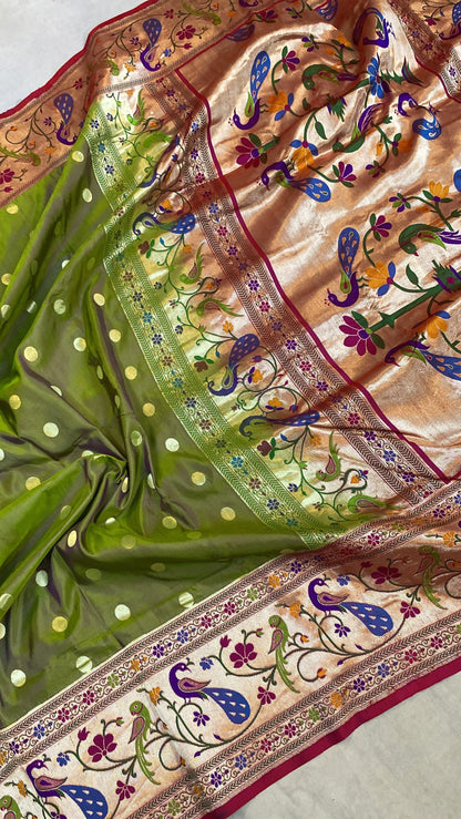 Mehendi Green Pure Banarasi Katan Silk Handloom Saree- Kadhwa Paithani by Shades Of Benares - banarasi - banarasi saree shop