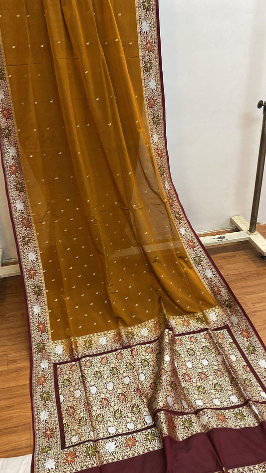 Mustard & Maroon Pure Banarasi Katan Silk Handloom Saree by Shades Of Benares - banarasi - banarasi saree shop