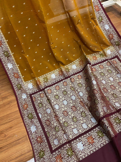 Mustard & Maroon Pure Banarasi Katan Silk Handloom Saree by Shades Of Benares - banarasi - banarasi saree shop