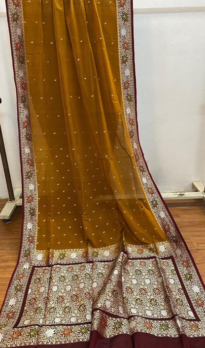 Mustard & Maroon Pure Banarasi Katan Silk Handloom Saree by Shades Of Benares - banarasi - banarasi saree shop