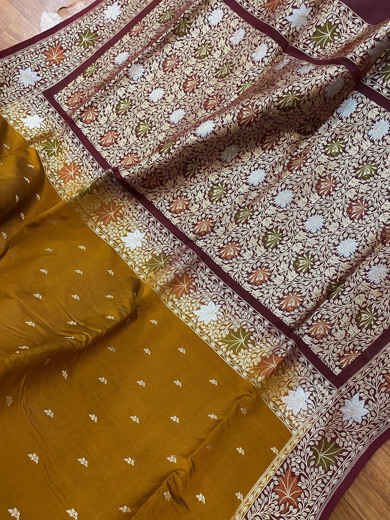 Mustard & Maroon Pure Banarasi Katan Silk Handloom Saree - Shades Of Benares