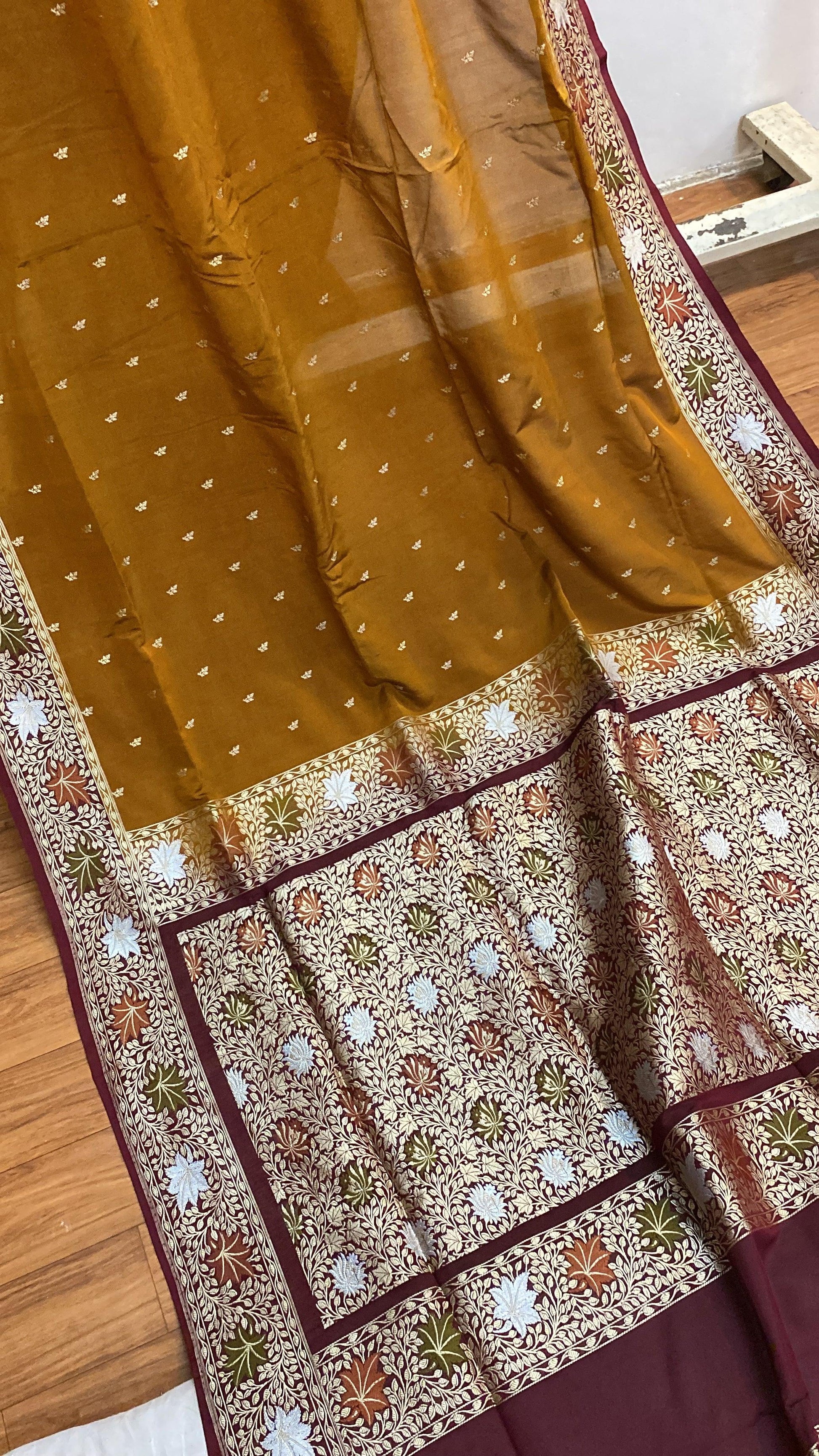 Mustard & Maroon Pure Banarasi Katan Silk Handloom Saree by Shades Of Benares - banarasi - banarasi saree shop