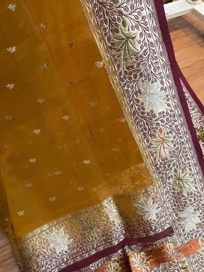 Mustard & Maroon Pure Banarasi Katan Silk Handloom Saree by Shades Of Benares - banarasi - banarasi saree shop