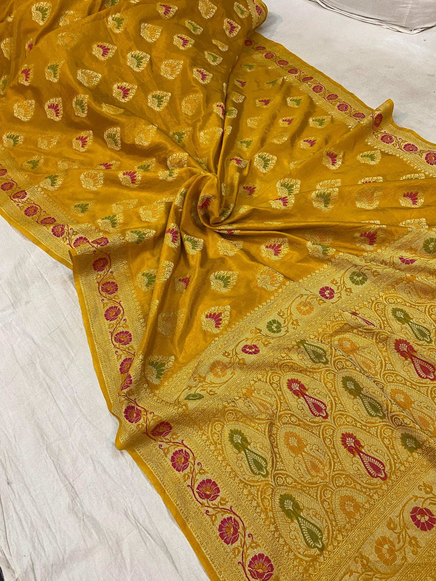 Mustard Yellow Banarasi Katan Soft Silk Handloom Saree by Shades Of Benares - banarasi - banarasi saree shop