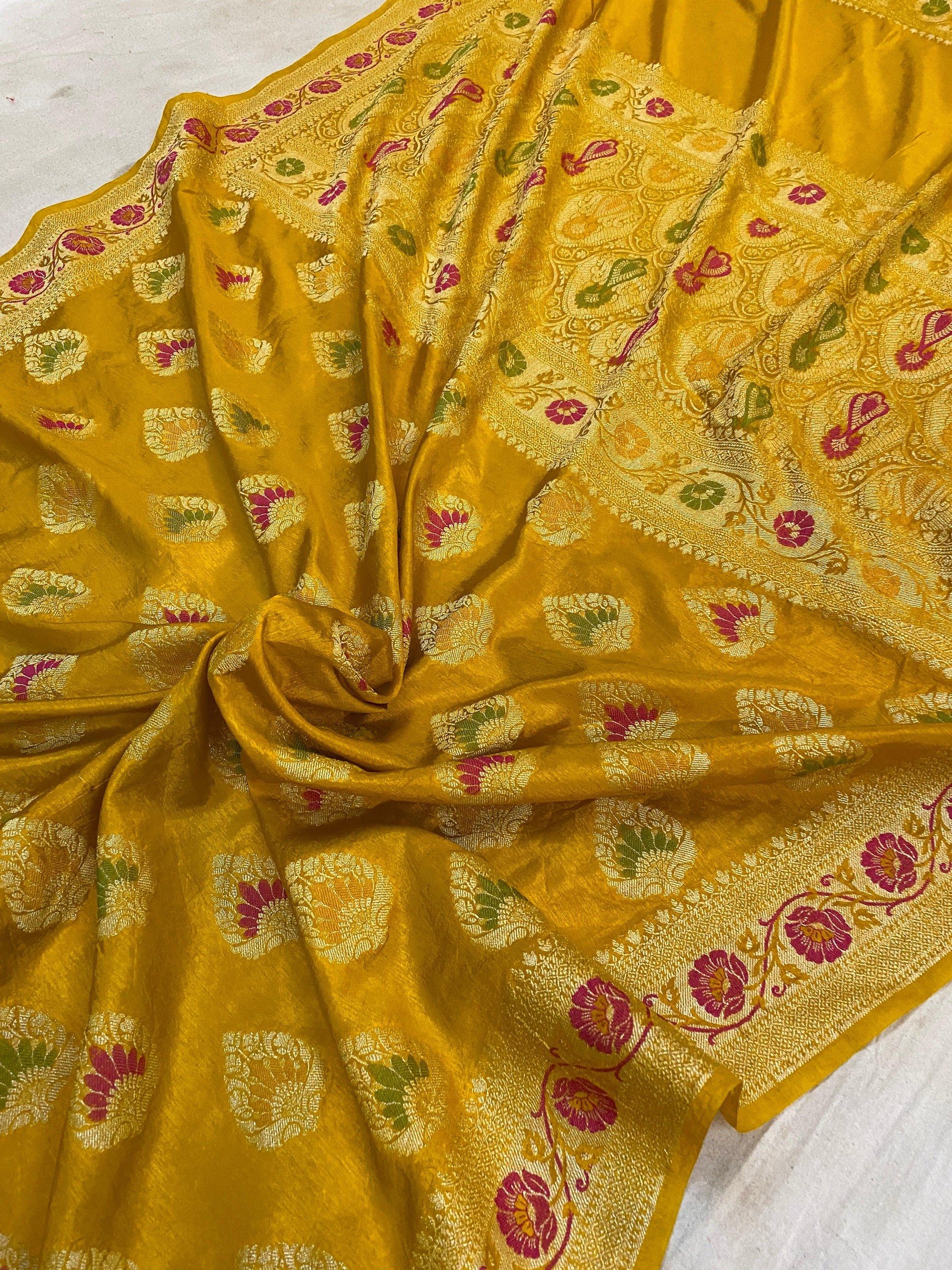 Mustard Yellow Banarasi Katan Soft Silk Handloom Saree by Shades Of Benares - banarasi - banarasi saree shop