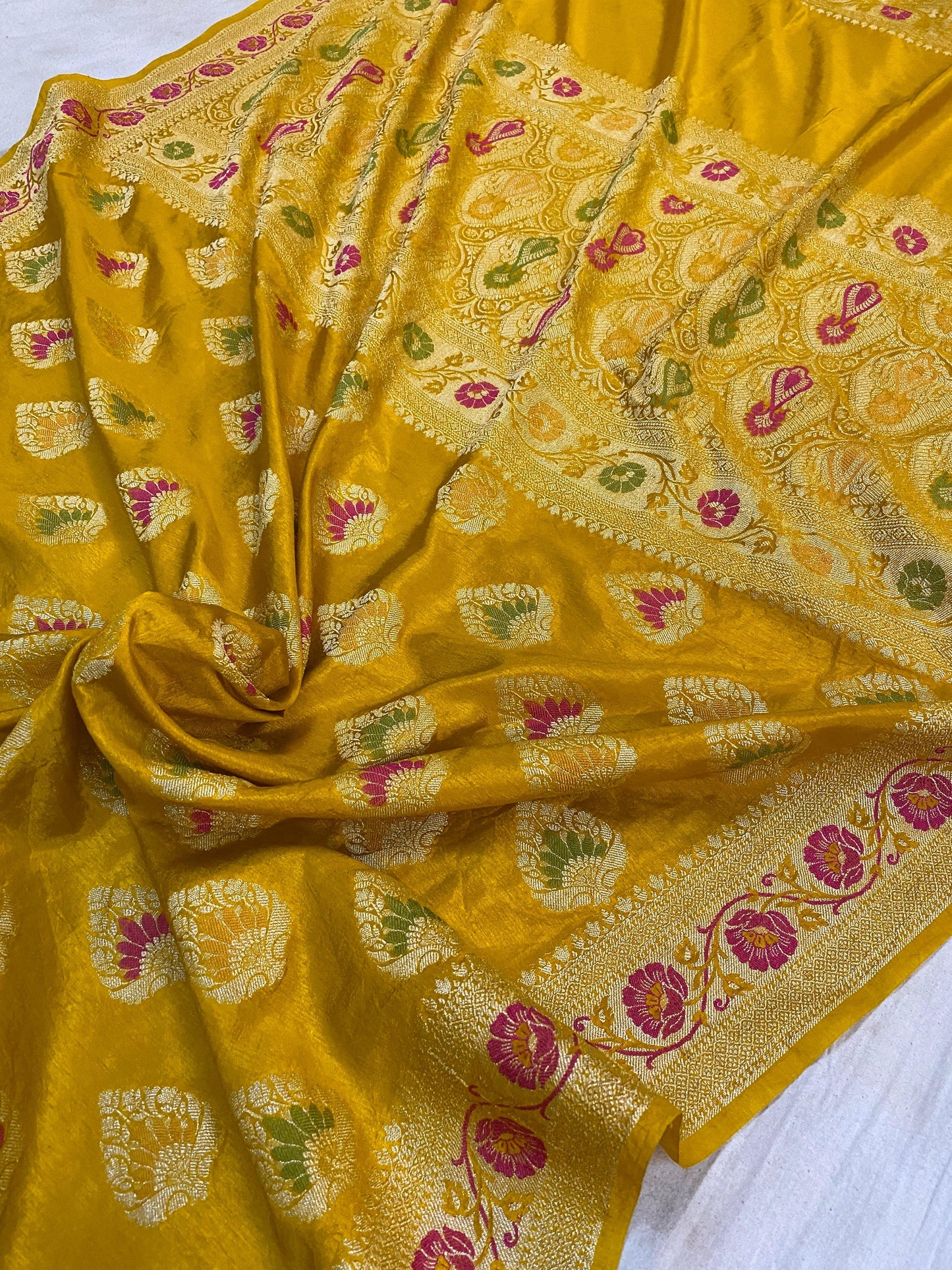 Mustard Yellow Banarasi Katan Soft Silk Handloom Saree by Shades Of Benares - banarasi - banarasi saree shop