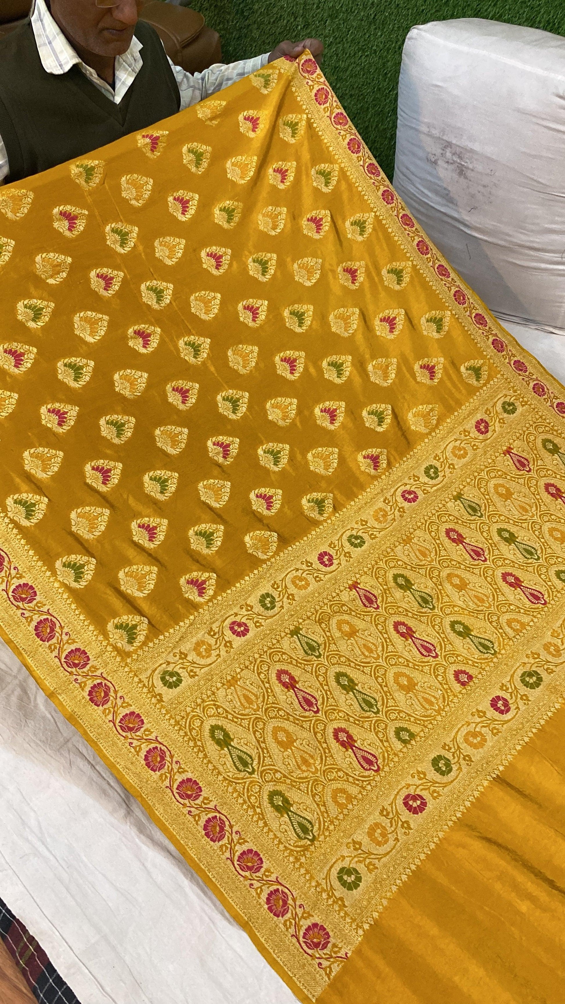 Mustard Yellow Banarasi Katan Soft Silk Handloom Saree by Shades Of Benares - banarasi - banarasi saree shop