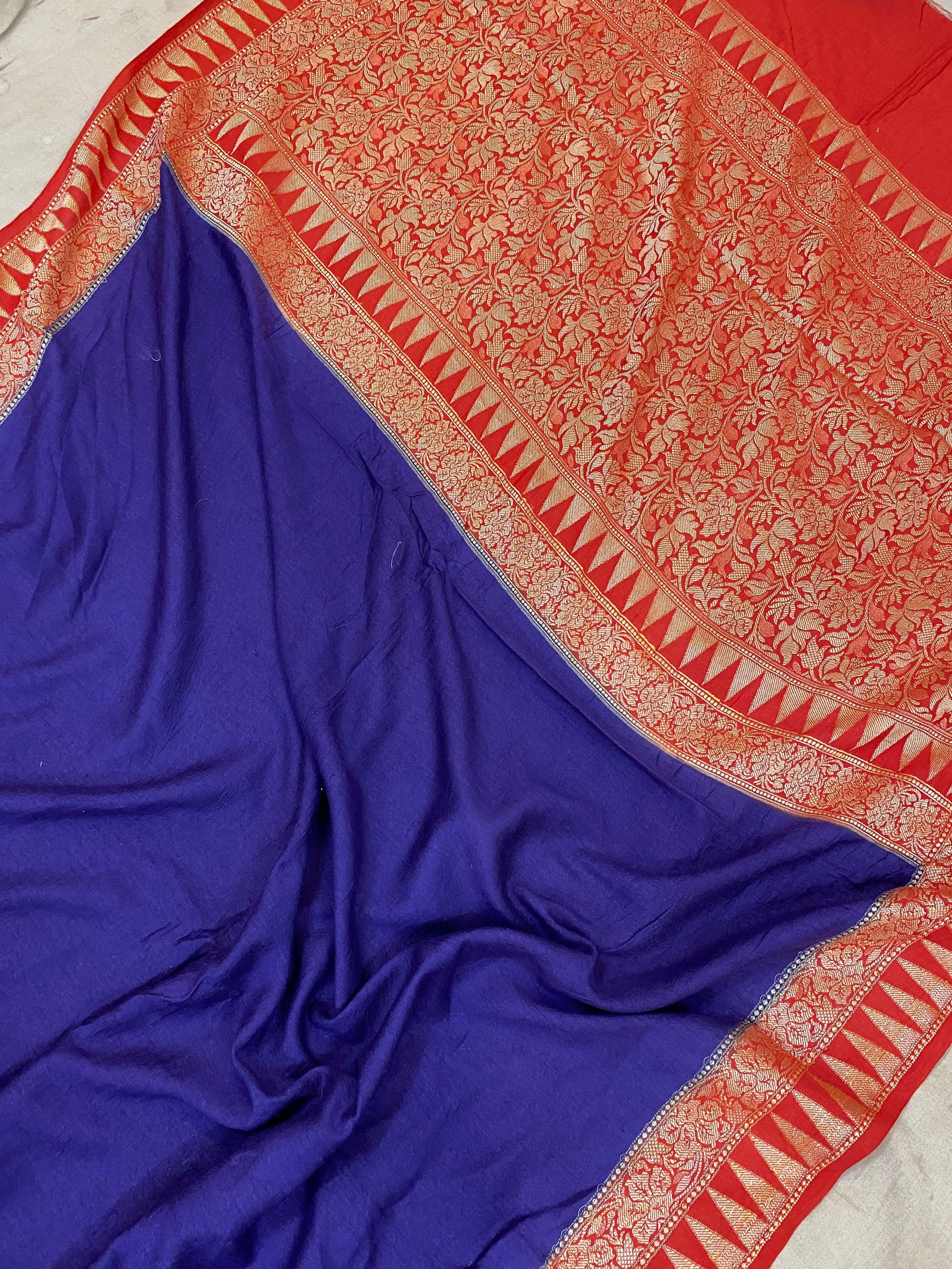 Navy Blue & Red Pure Banarasi Khaddi Moonga Silk Handloom Saree by Shades Of Benares - banarasi - banarasi saree shop