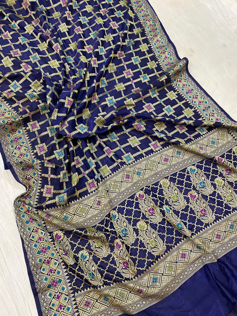 Navy Blue Banarasi Katan Soft Silk Handloom Saree - Shades Of Benares