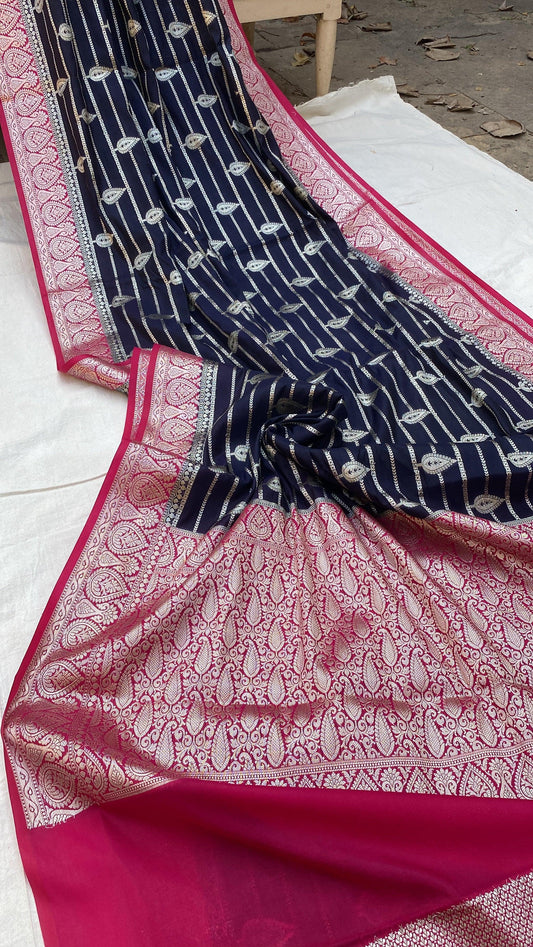 Navy Blue Handloom Katan Soft Silk Banarasi Saree by Shades Of Benares - banarasi - banarasi saree shop