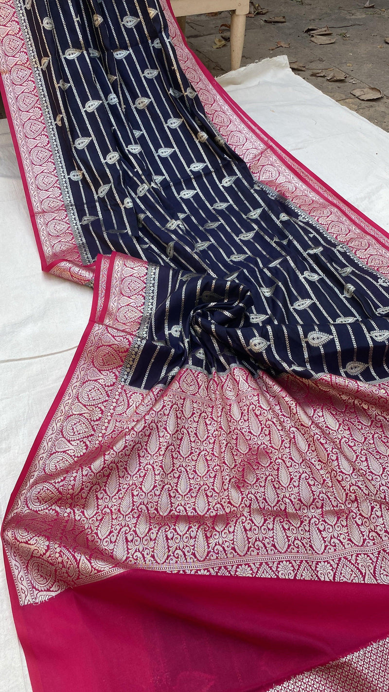 Navy Blue Handloom Katan Soft Silk Banarasi Saree - Shades Of Benares