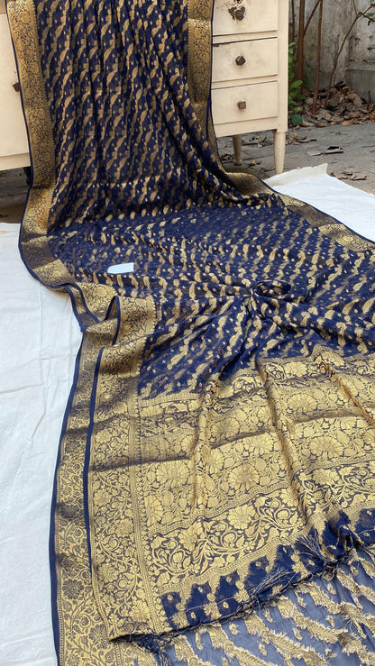 Navy Blue Handloom Pure Chiffon Banarasi Saree by Shades Of Benares - banarasi - banarasi saree shop