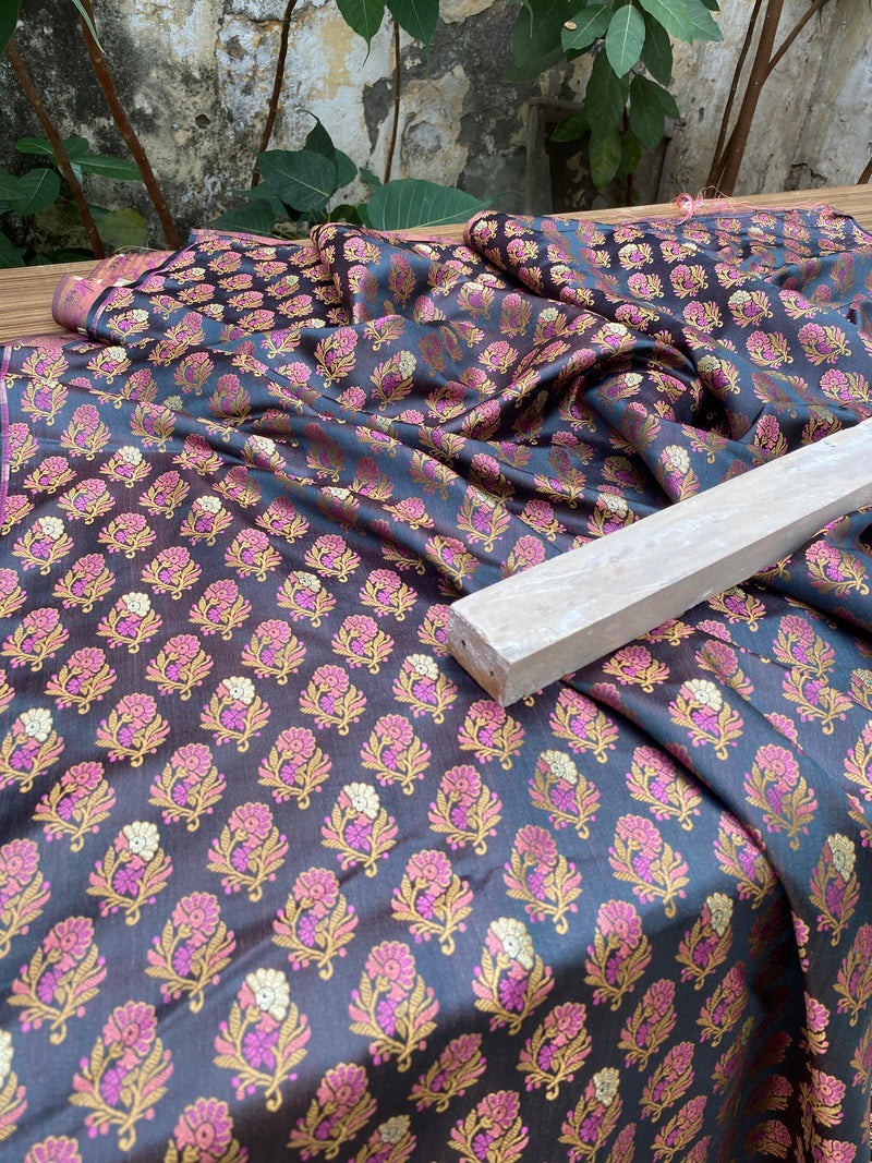 Navy Blue Handloom Pure Katan Silk Brocade Banarasi Fabric - Shades Of Benares