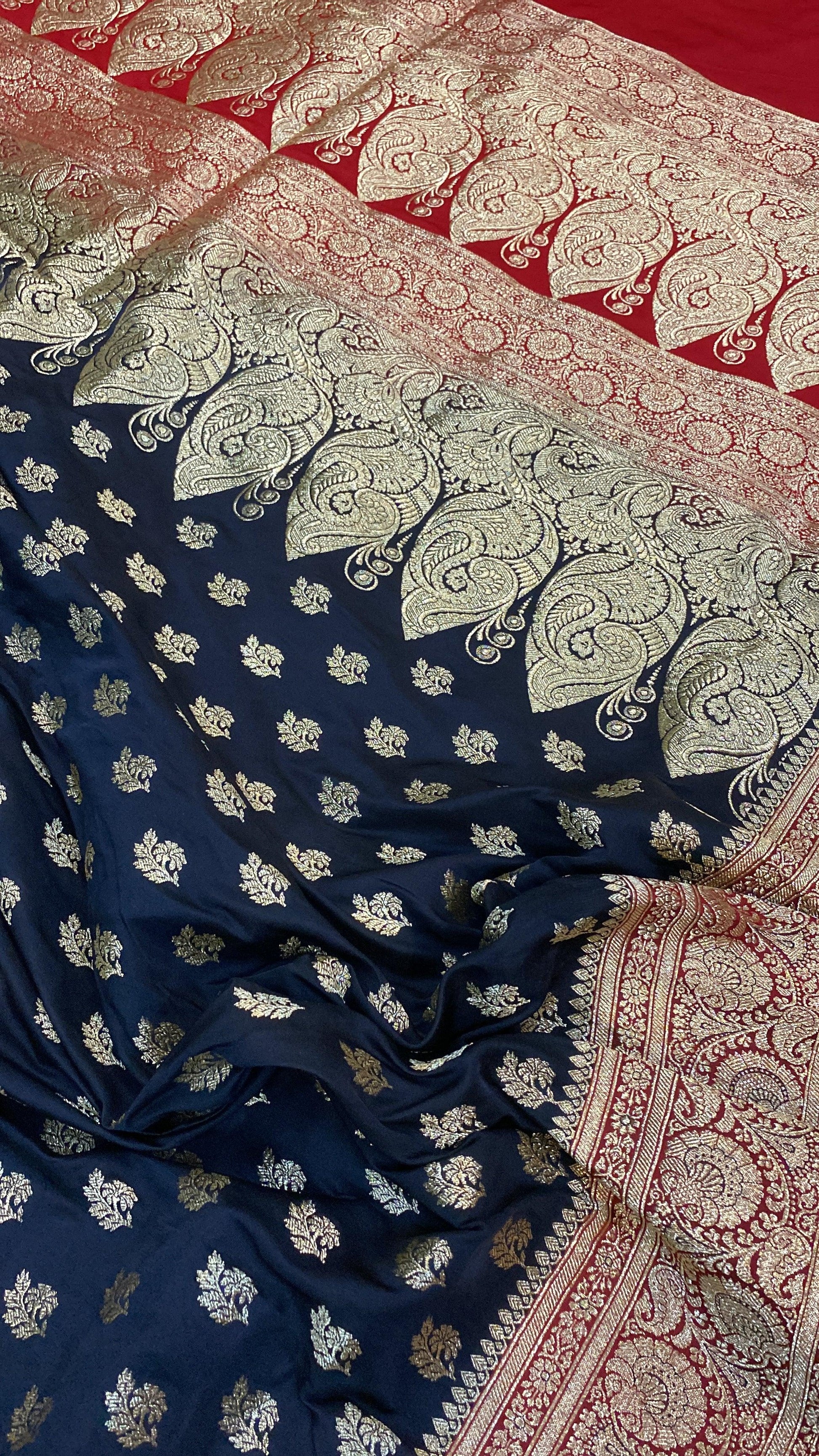 Navy Blue Handloom Pure Satin Silk Banarasi Saree by Shades Of Benares - banarasi - banarasi saree shop