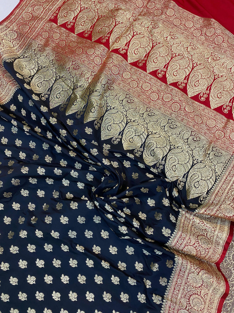 Navy Blue Handloom Pure Satin Silk Banarasi Saree by Shades Of Benares - banarasi - banarasi saree shop