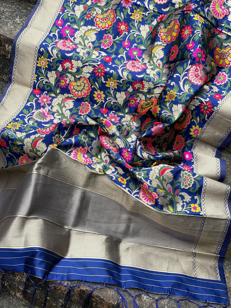 Navy Blue Minakari Handloom Banarasi Silk Dupatta: Elevate Your Party Designer Wear - Shades Of Benares
