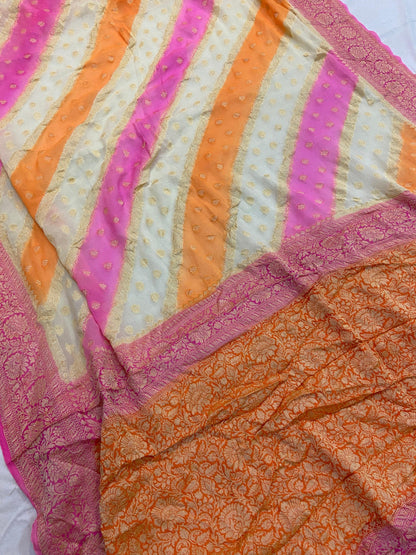 Off White Pure Banarasi Khaddi Georgette Handloom Saree - Rangkaat by Shades Of Benares - banarasi - banarasi saree shop