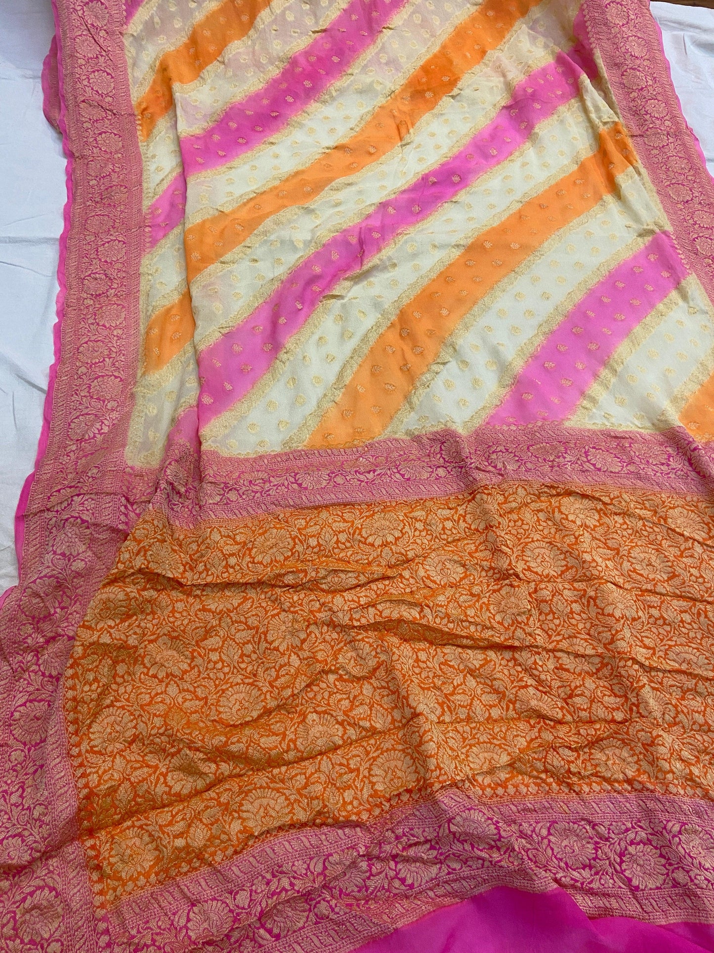 Off White Pure Banarasi Khaddi Georgette Handloom Saree - Rangkaat by Shades Of Benares - banarasi - banarasi saree shop