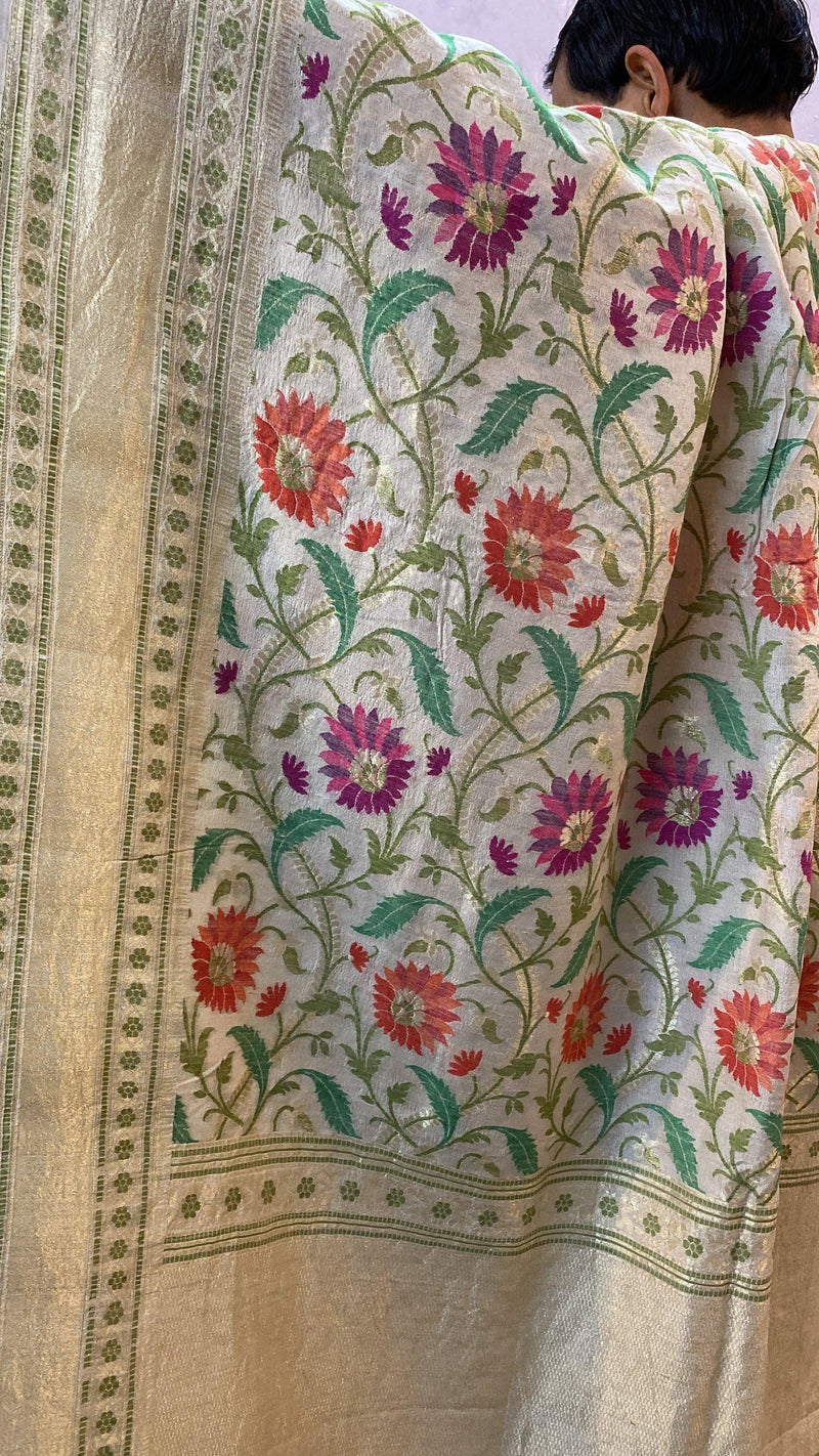 Off White Pure Banarasi Tussar Silk Handloom Khaddi Saree - Shades Of Benares